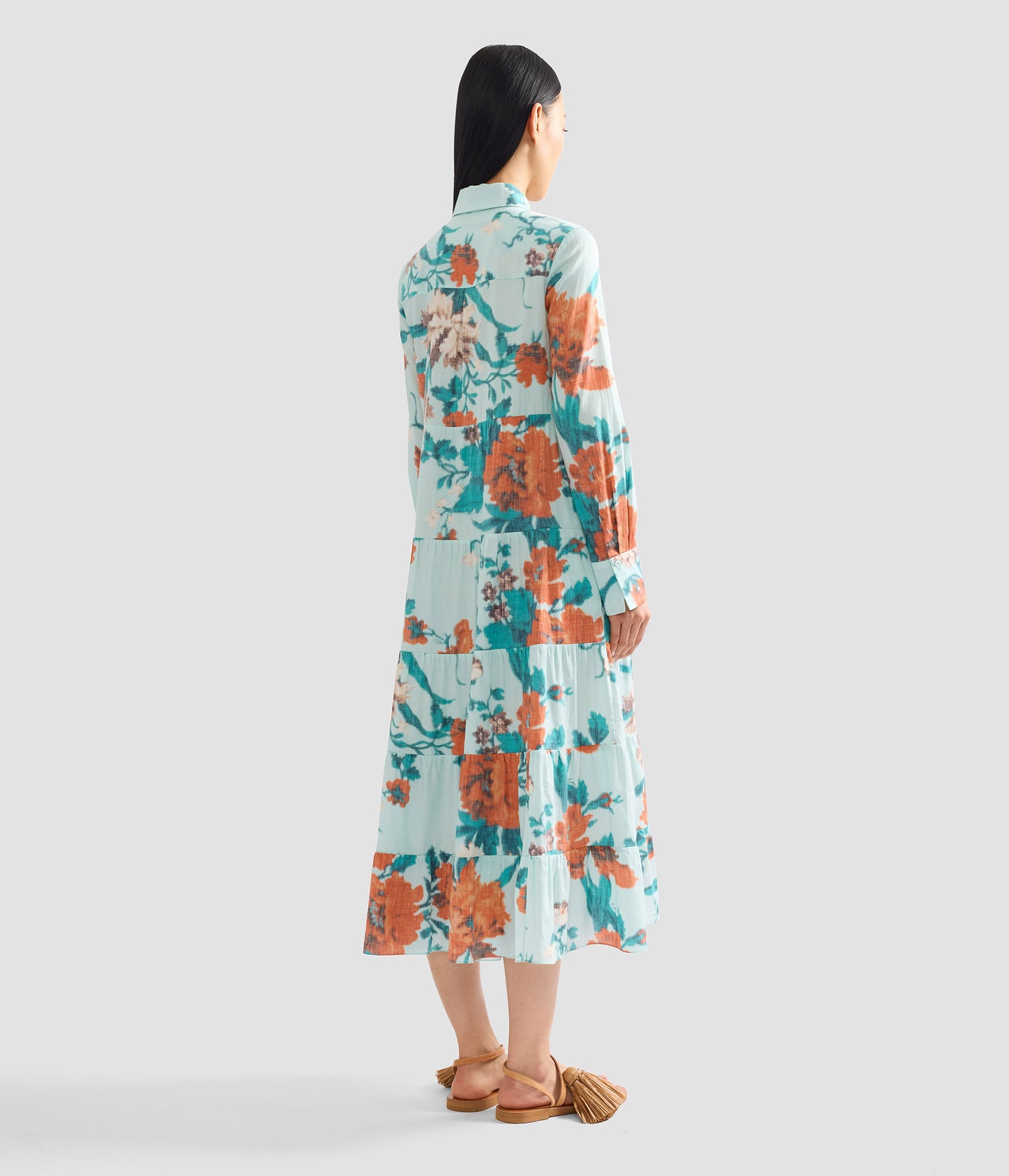 Floral Print Cotton Tiered Midi Shirt Dress