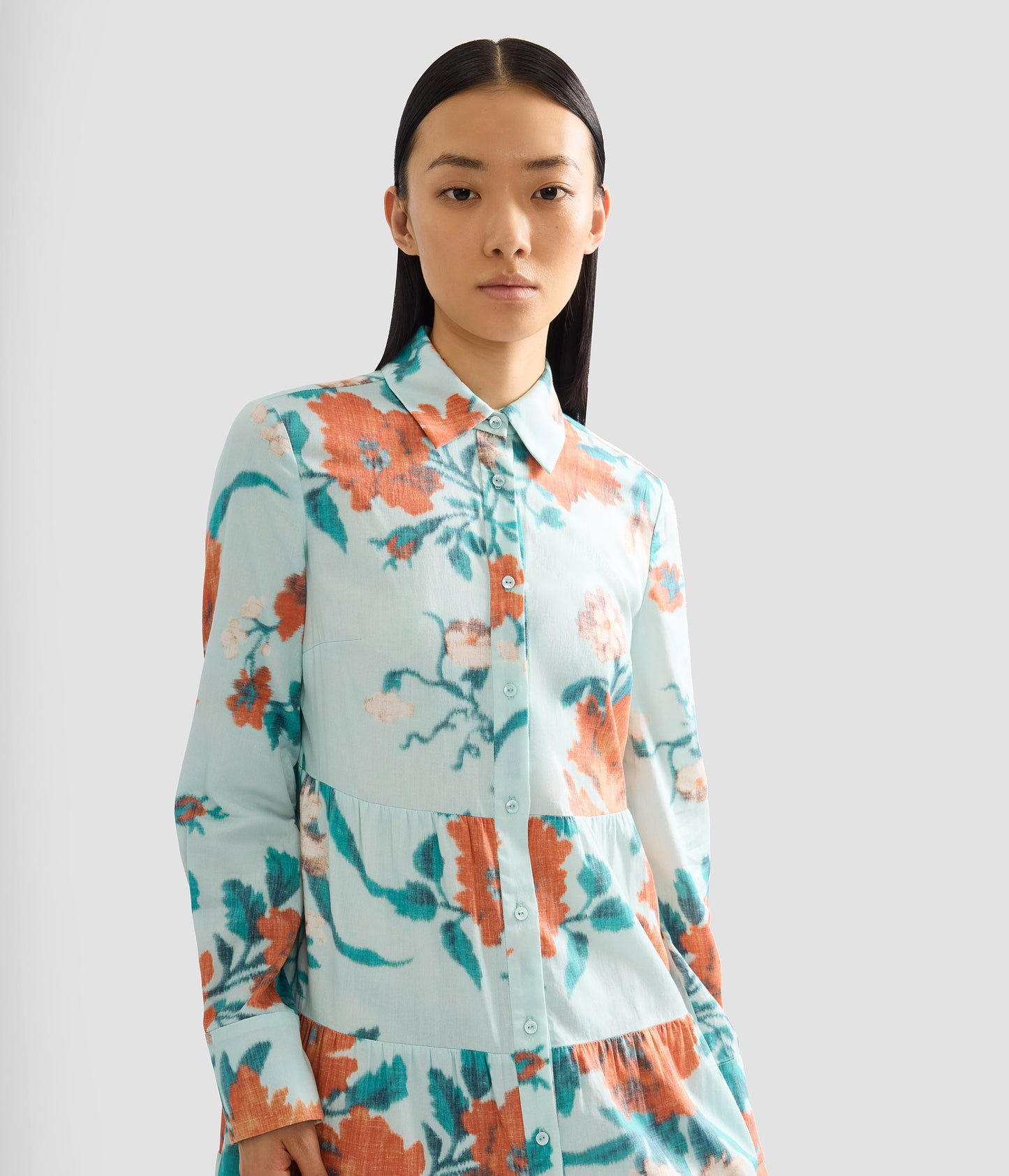 Floral Print Cotton Tiered Midi Shirt Dress