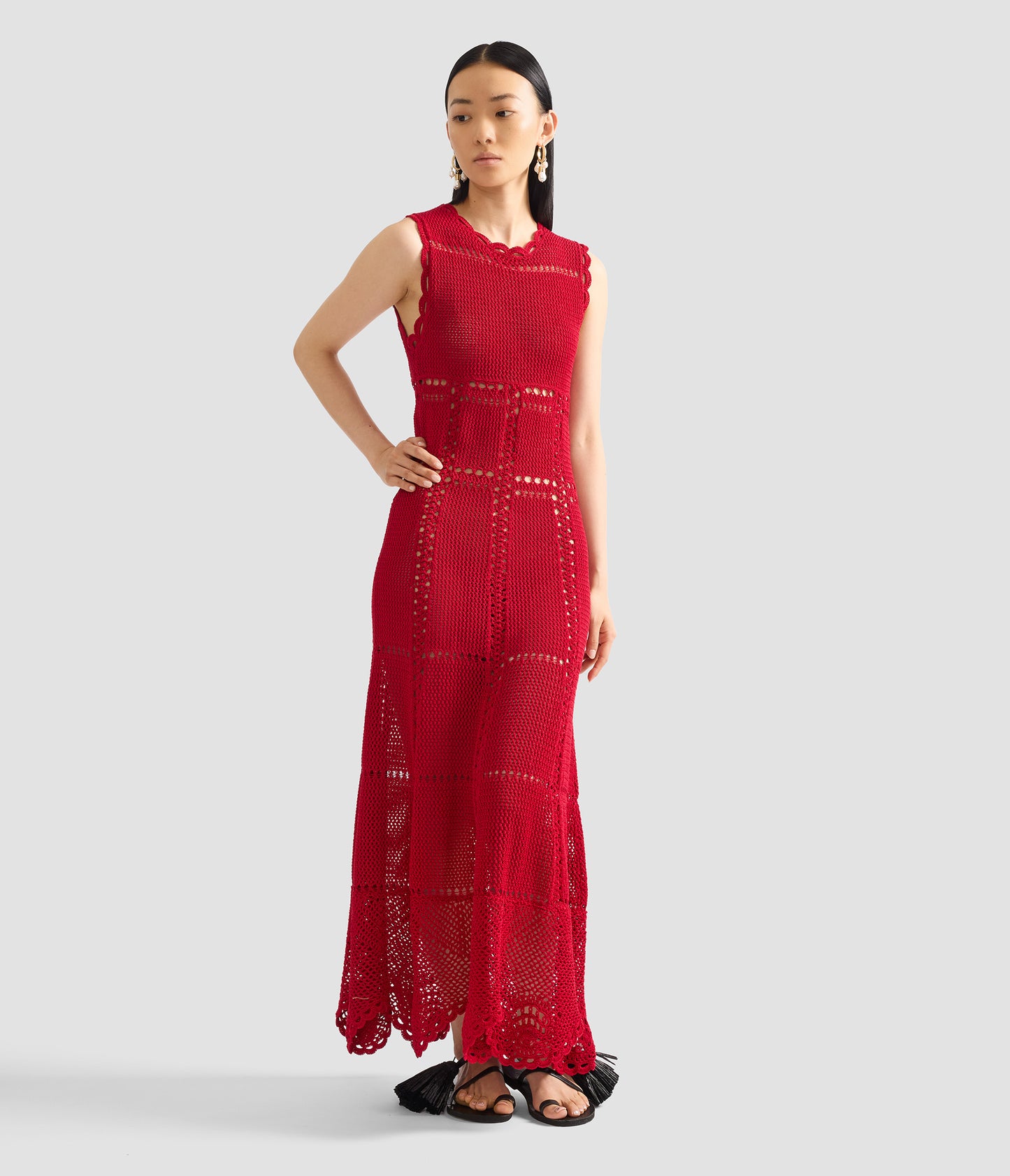 Cotton Crochet Flared Midi Dress