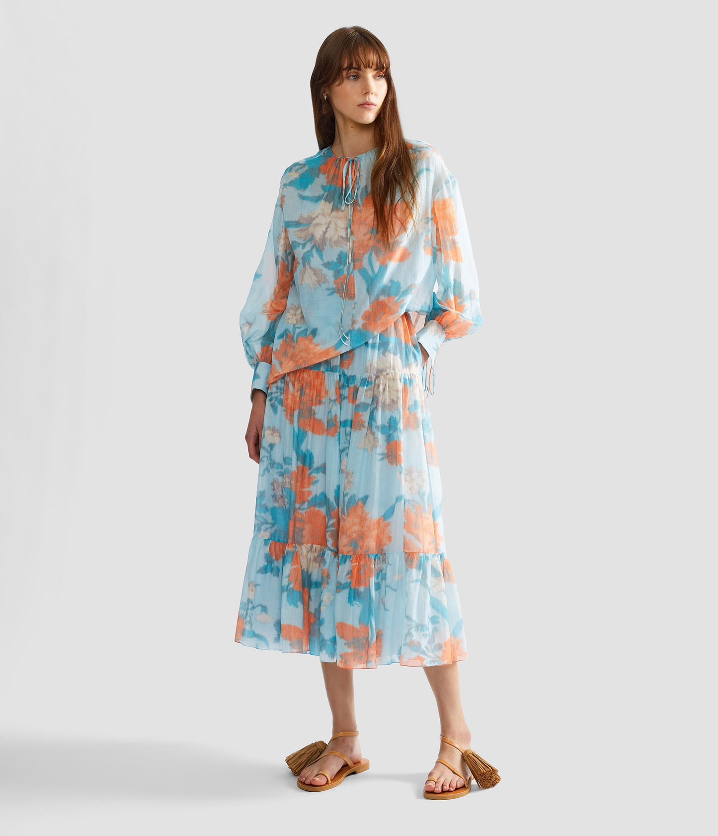 Floral Print Cotton Silk Voile Tiered Full Midi Skirt