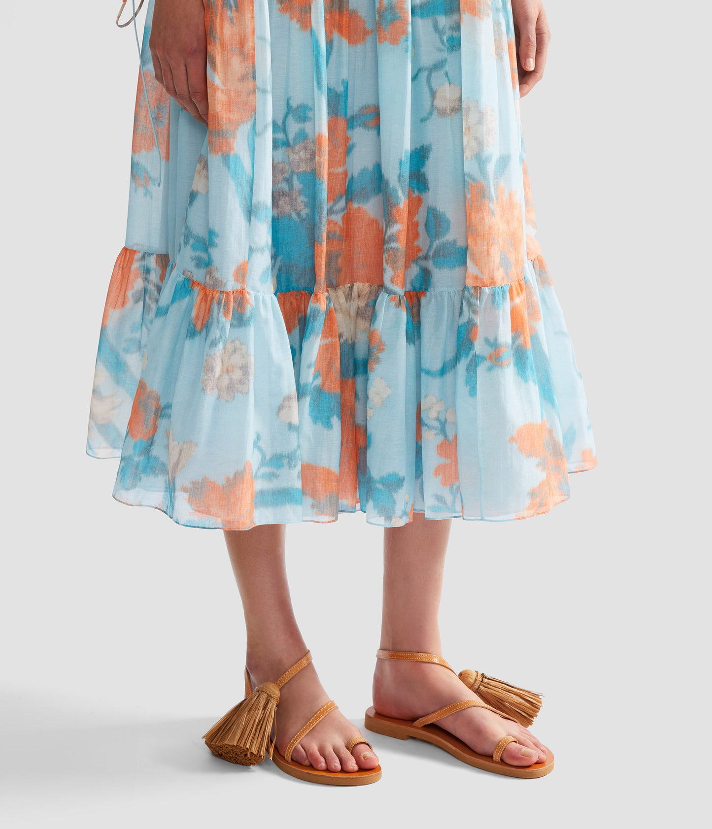 Floral Print Cotton Silk Voile Tiered Full Midi Skirt