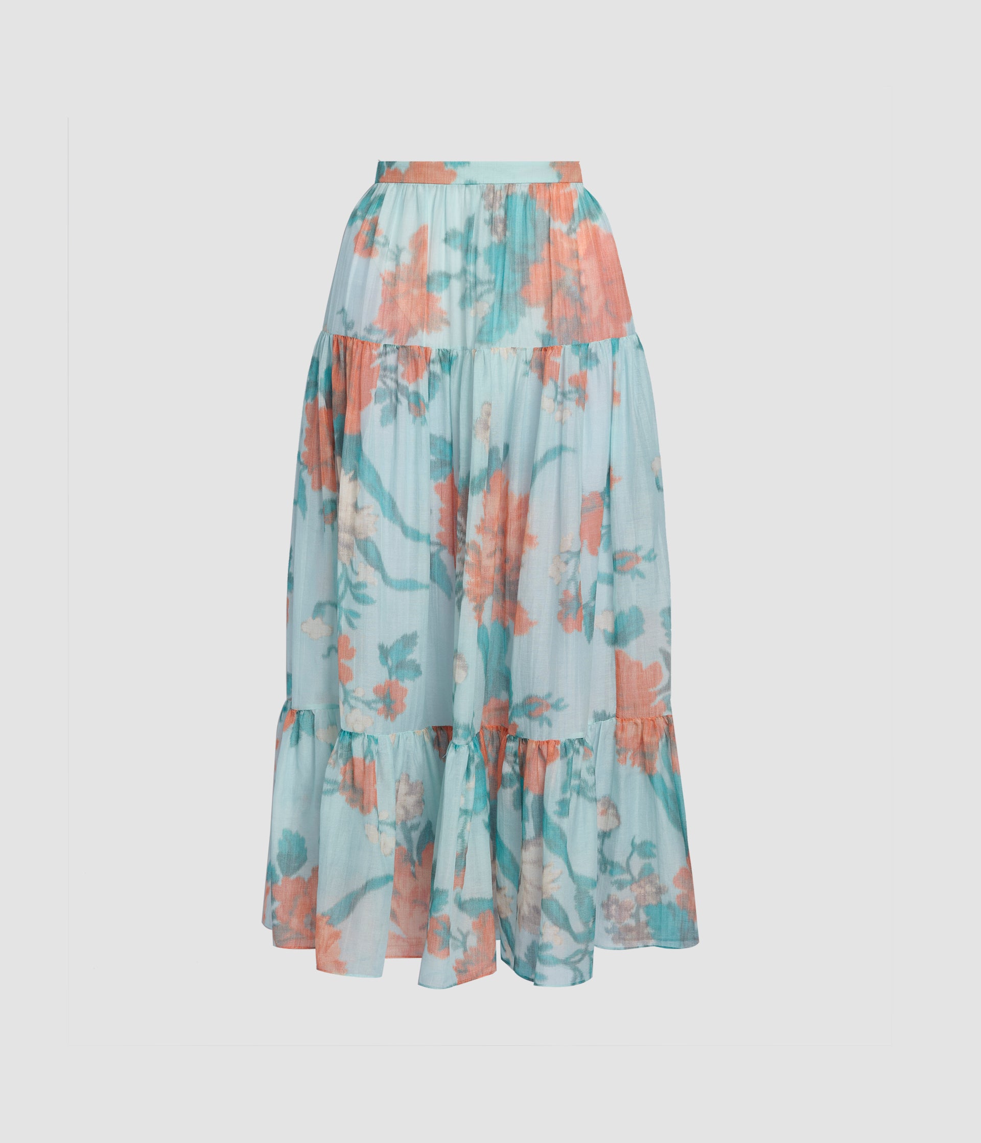 Floral Print Cotton Silk Voile Tiered Full Midi Skirt
