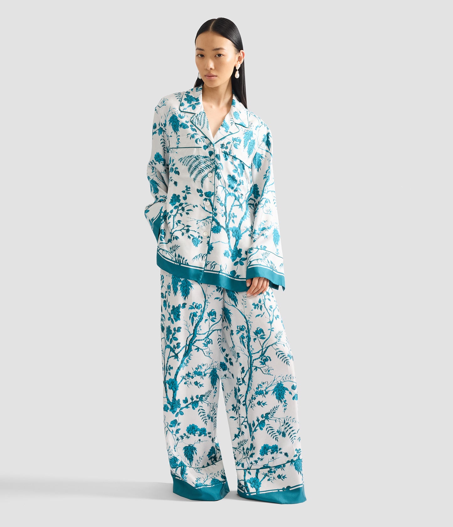 Botanical Print Silk Twill Pyjama Shirt