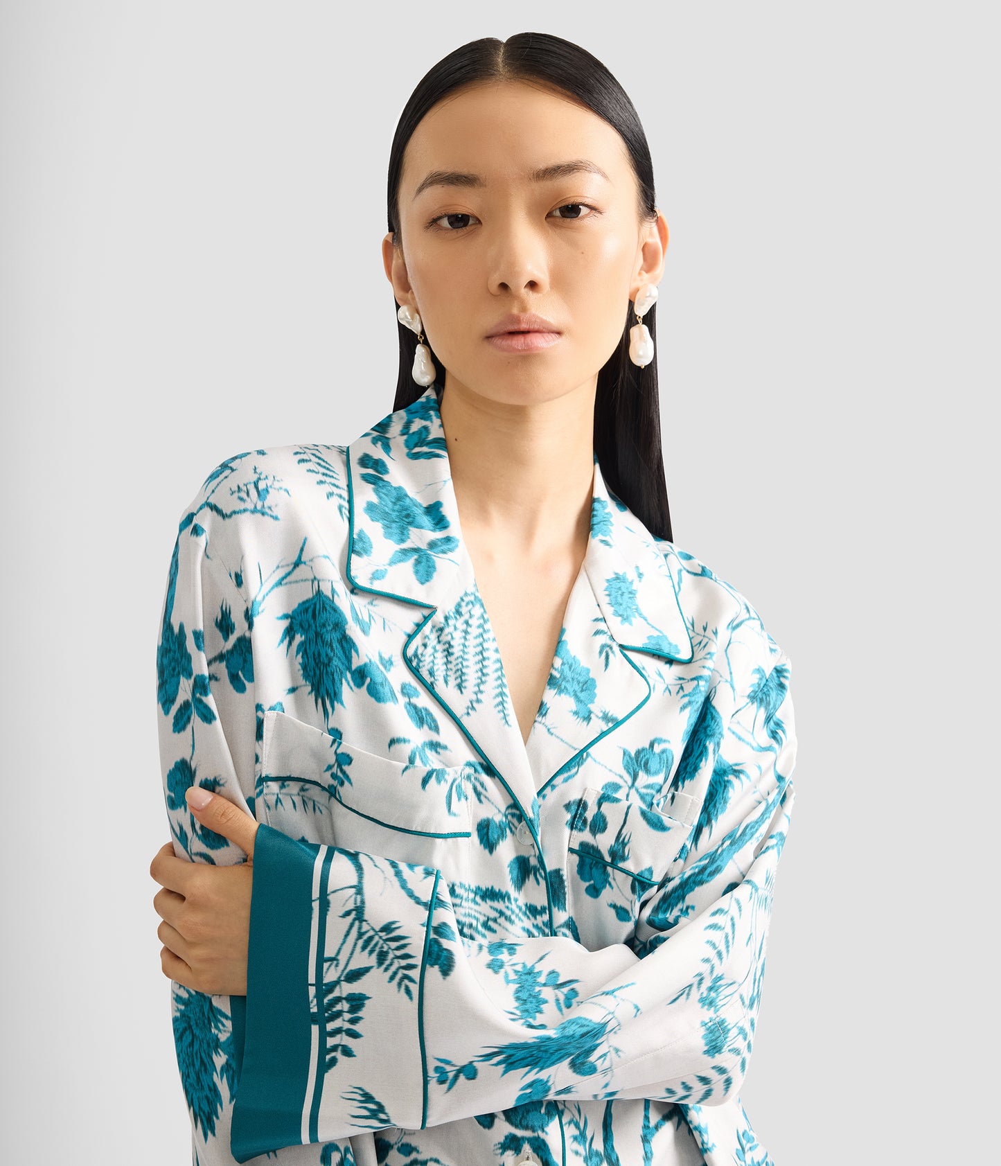 Botanical Print Silk Twill Pyjama Shirt
