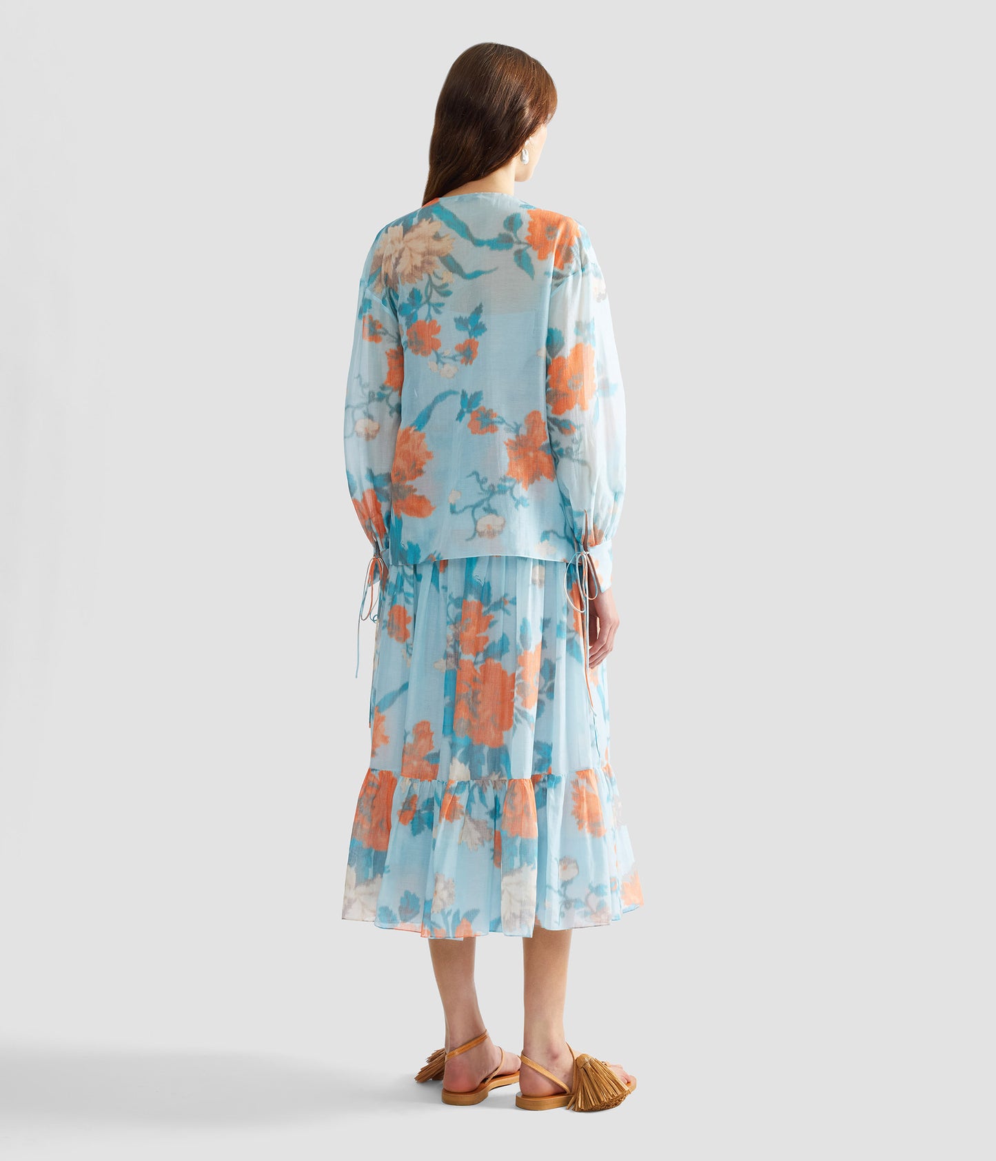 Floral Print Cotton Silk Voile Tiered Full Midi Skirt