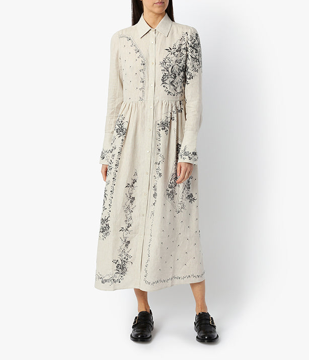 Long Sleeve White & Black Floral Linen Midi Dress – Erdem