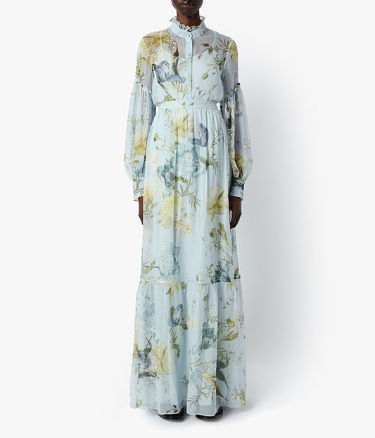 Annis Brealey Blue Floral Silk Voile Maxi Skirt