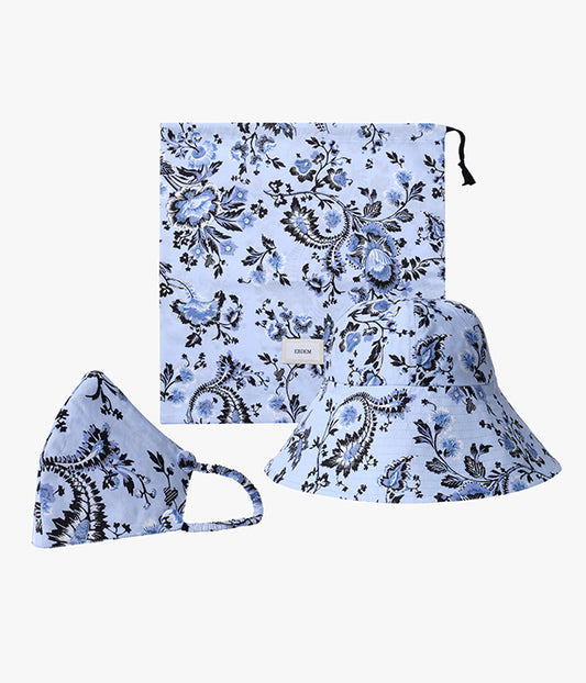 Conflower blue face mask set from ERDEM, also containing a matching bucket hat and useful pouch