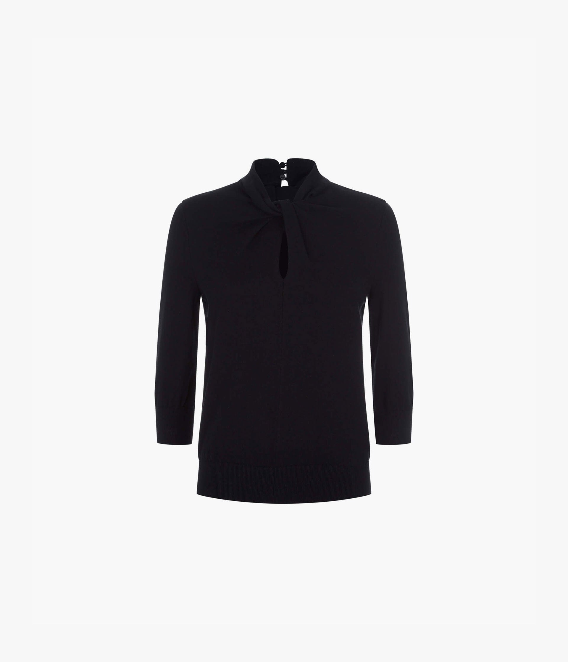 Black jumper with cropped fitted three quarter length sleeves and a twisted neckline detail. 